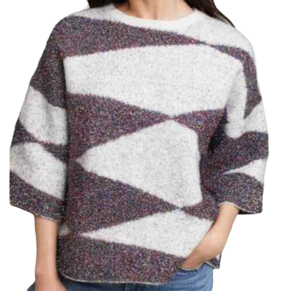 Anthropologie Moth Purple Sweater Medium Crew Neck Cropped Sleeve Sparkle Fuzzy